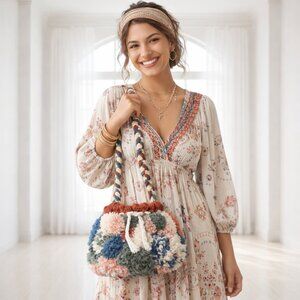 One of a Kind Handmade Boho Pom Pom Shoulder Bag | Sustainable Recycled Yarn